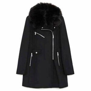Zara Wool Blend Moto Double Zip Coat Jacket Black Size XS